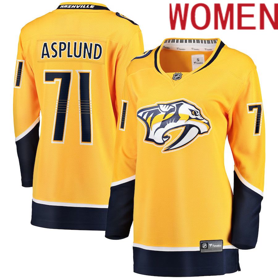 Women Nashville Predators 71 Rasmus Asplund Fanatics Branded Gold Home Breakaway NHL Jersey